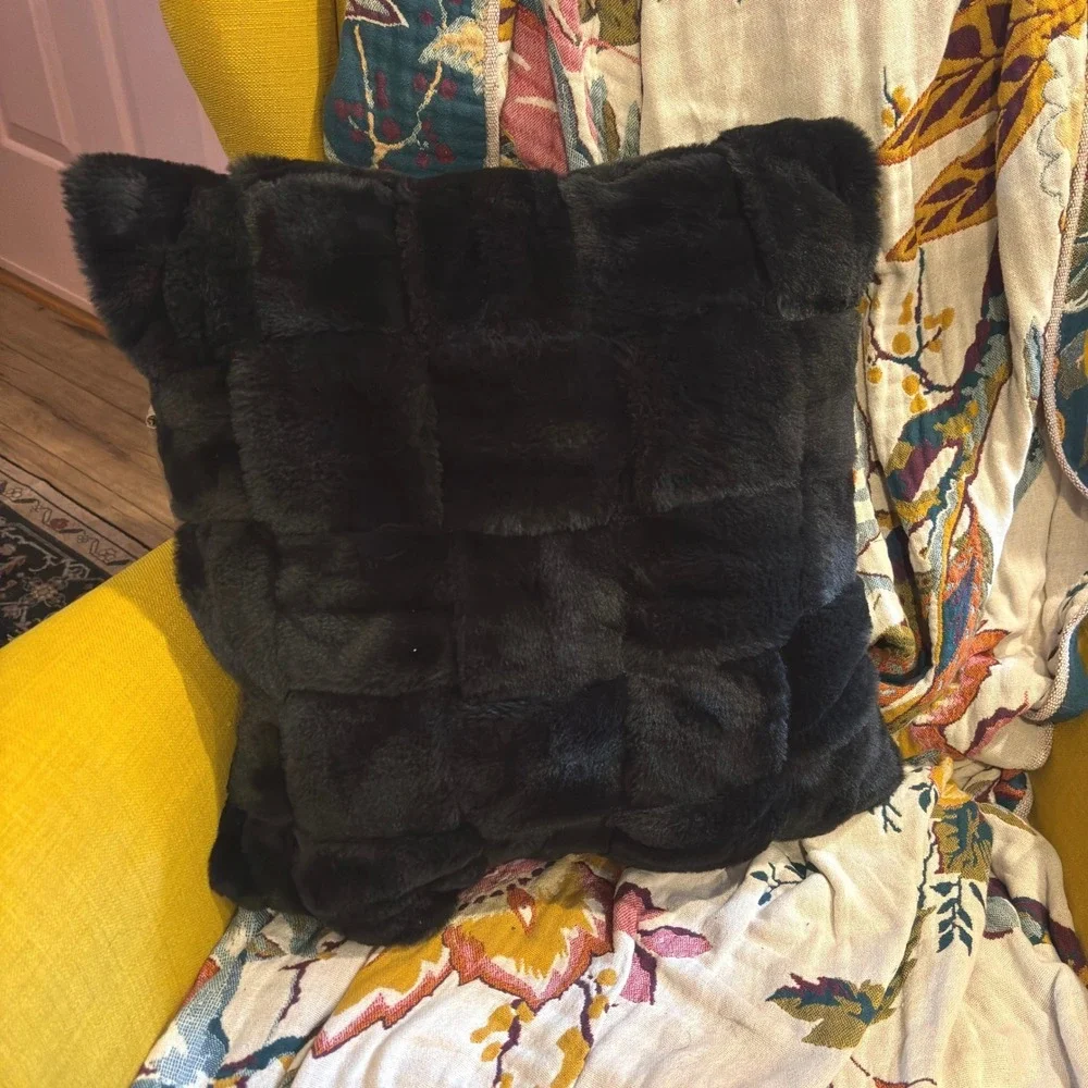 Anthropologie Black Woven Faux Fur Decorative Accent Pillow Down Feather Fill